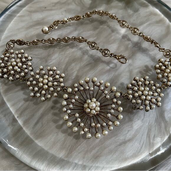 NEW Saks Fifth Avenue Pearl Spiral Sunburst Filigree Art Deco Statement Necklace - Picture 9 of 16